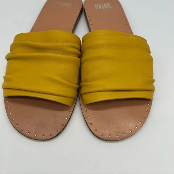 PAIGE Emilia Leather Slide Sandals Mustard Yellow Ruched Band Womens 8.5 US - Picture 4 of 13